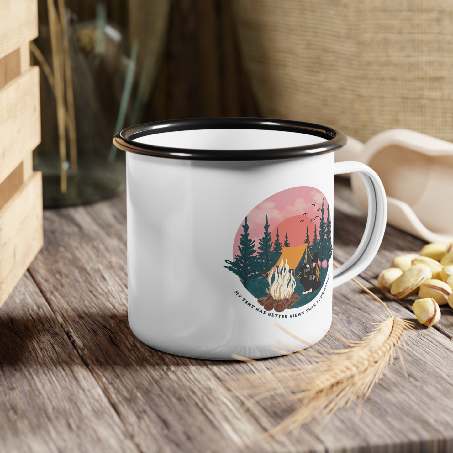 Rustic Camping Enamel Cup - "My Tent Has Better Views Than Your Office", Camping Mug