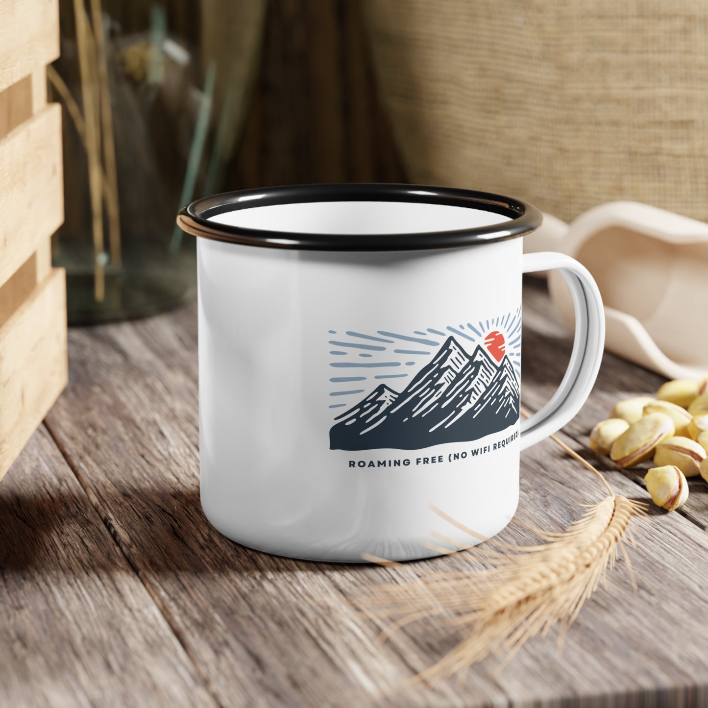 Enamel Camp Mug - "Roaming Free (No WiFi Required)" Adventure Mug for Outdoor Enthusiasts