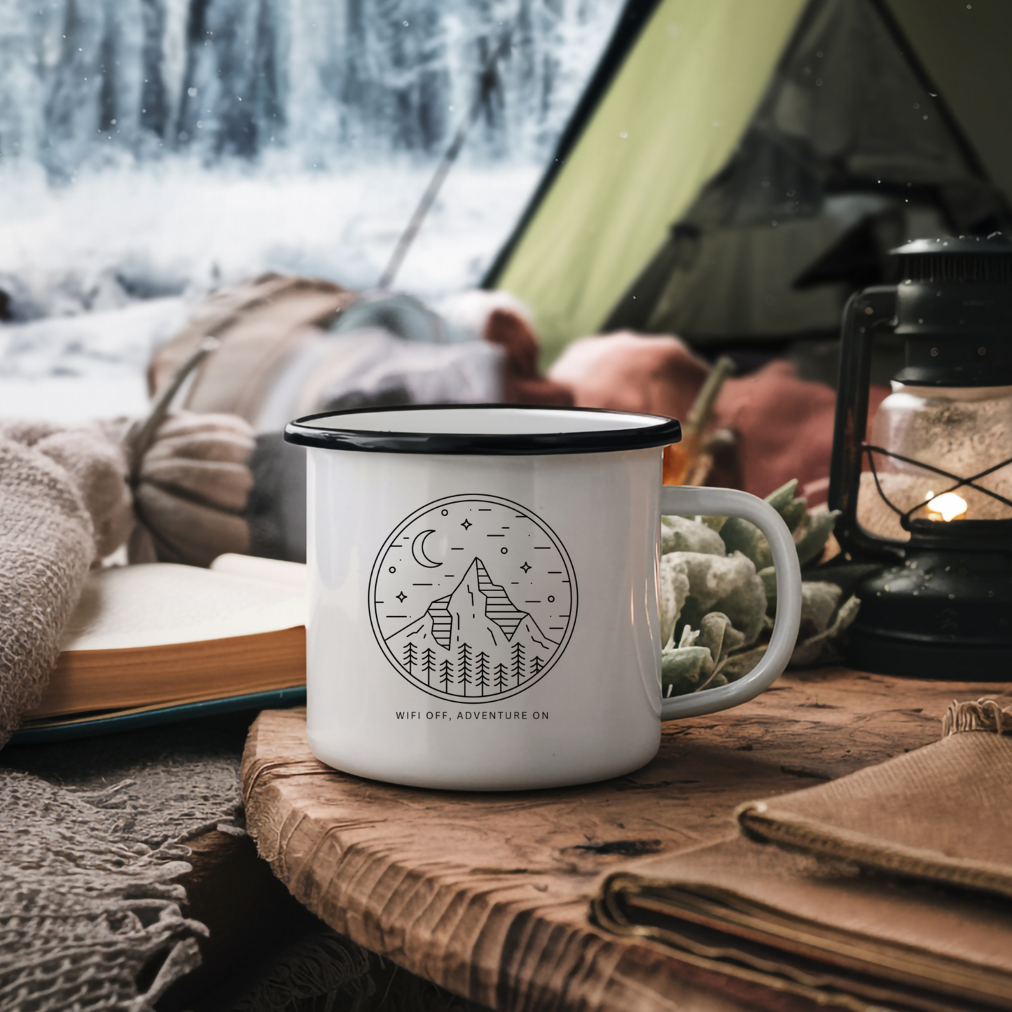 Camping Enamel Mug - 'WIFI OFF, ADVENTURE ON'