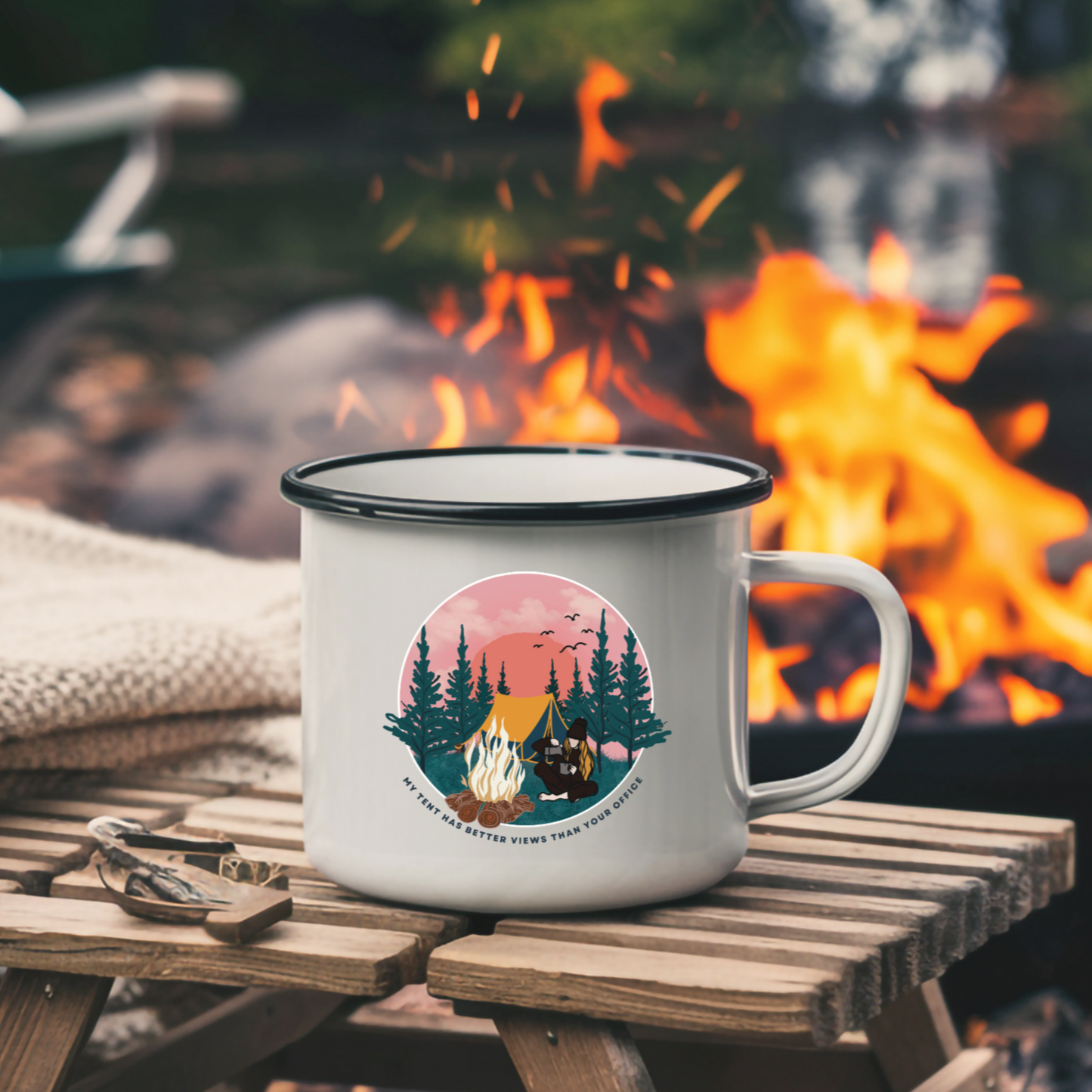Rustic Camping Enamel Cup - "My Tent Has Better Views Than Your Office", Camping Mug
