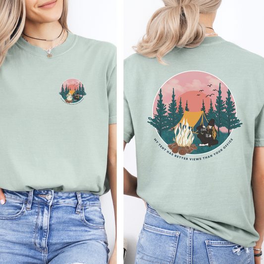 Light green t-shirt with nature-themed design on front and back, worn by a person.