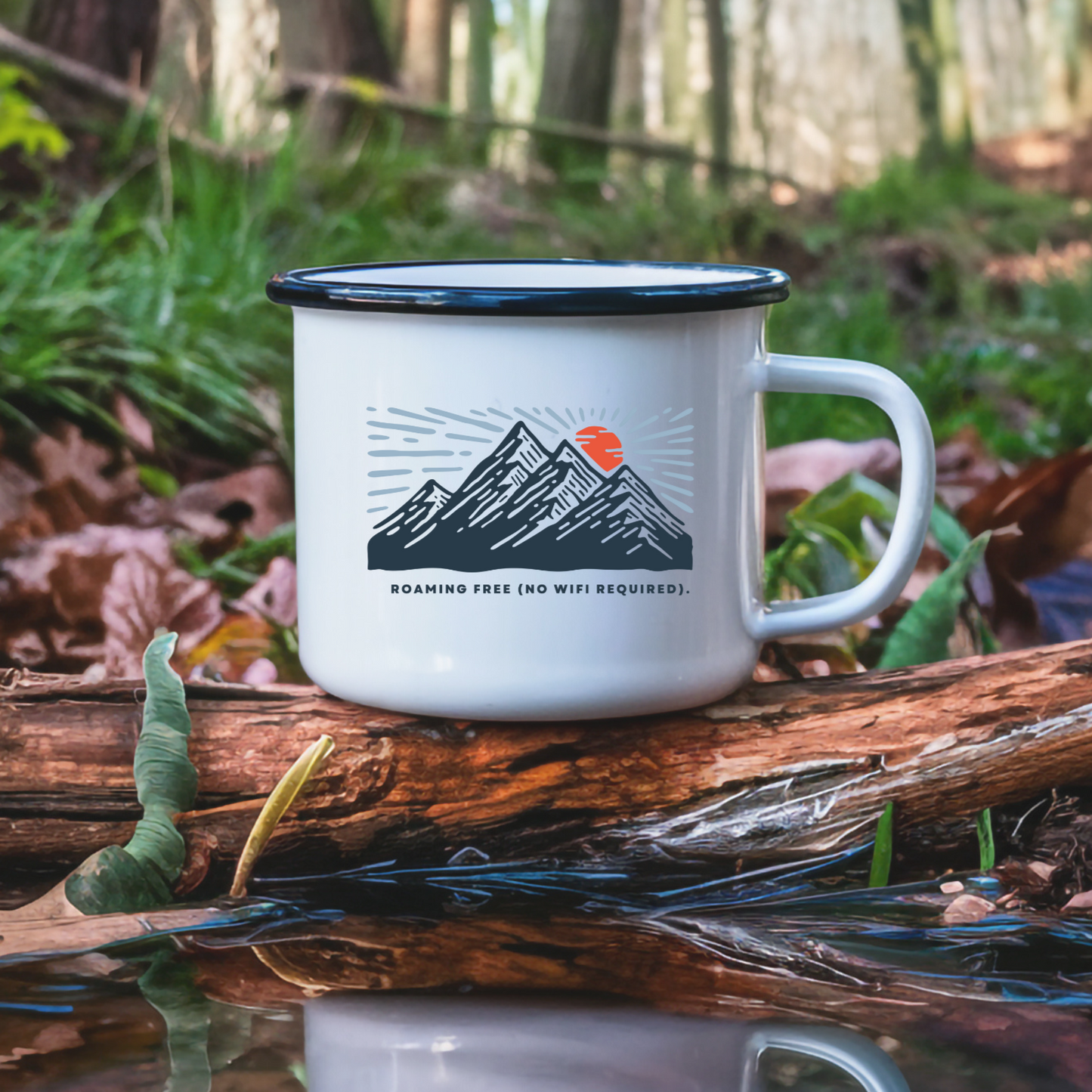 Enamel Camp Mug - "Roaming Free (No WiFi Required)" Adventure Mug for Outdoor Enthusiasts